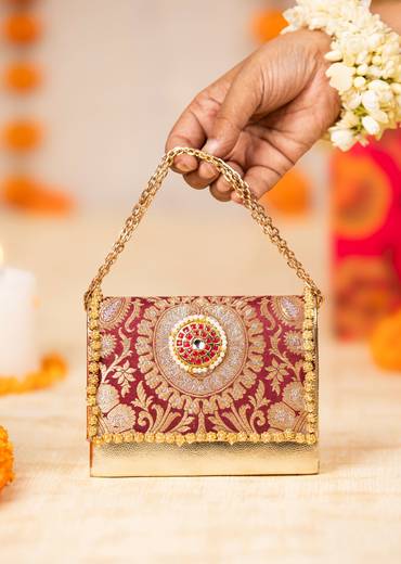 Maroon Zari and Kundan Embellished Rectangular Flap Bag
