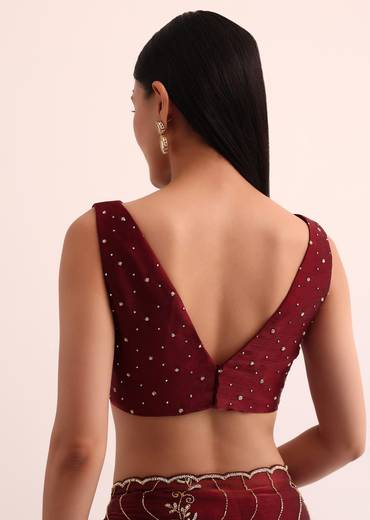 Maroon Red Tissue Saree With Cut Dana Embroidery And Unstitched Blouse