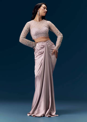 Mauve Crop Top and Draped Skirt Set