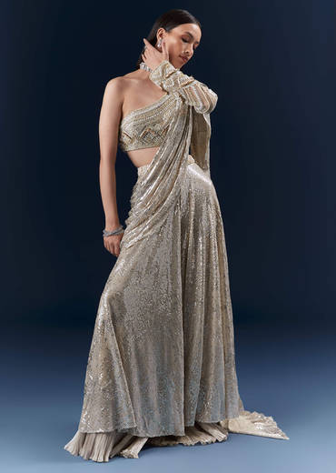 Mauve Imported Sequins Crop Top And Palazzo Pants With Attached Dupatta