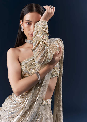 Mauve Imported Sequins Crop Top And Palazzo Pants With Attached Dupatta