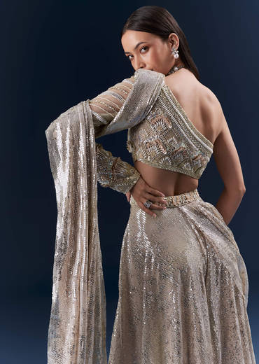 Mauve Imported Sequins Crop Top And Palazzo Pants With Attached Dupatta