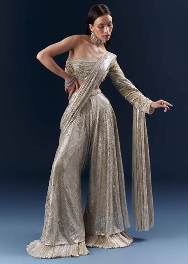 Mauve Imported Sequins Crop Top And Palazzo Pants With Attached Dupatta