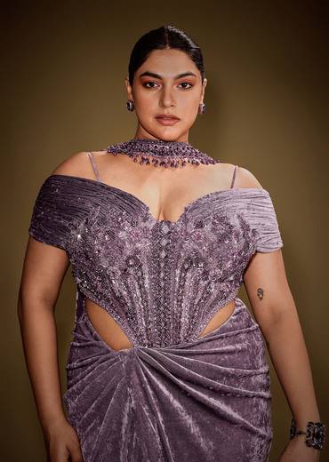 Mauve Off Shoulder Velvet Gown With Keyhole Detail And Embroidered Choker