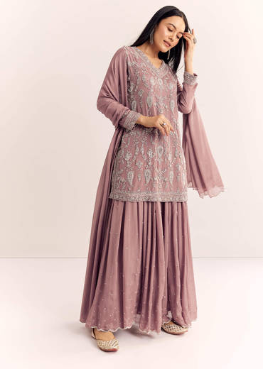 Mauve Pink Chinon Kurta Palazzo Set With Moti Work
