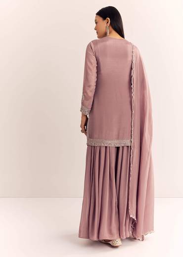 Mauve Pink Chinon Kurta Palazzo Set With Moti Work