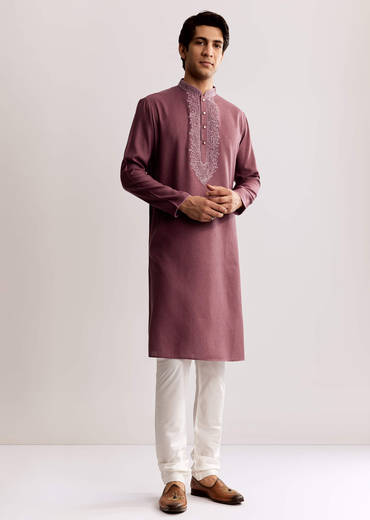 Mauve Silk Kurta Set With Thread Embroidery