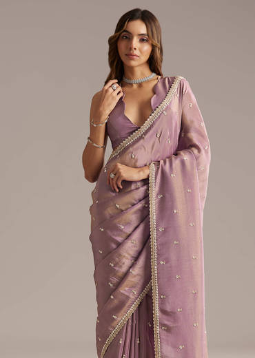 Mauve Tissue Saree With Cutdana And Bead Embroidery