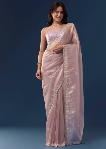 Mauve Tissue Saree With Scallop Embroidered Border And Butti Work