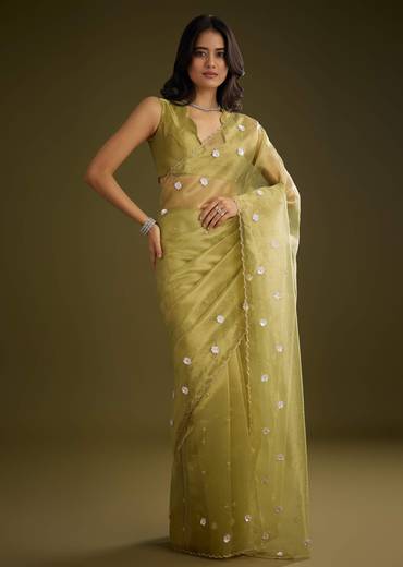 Mehandi Green Tissue Saree With Sequin Floral Embroidery