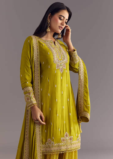 Mehendi Green Bandhani Palazzo Kurta Set With Zari And Mirror Work