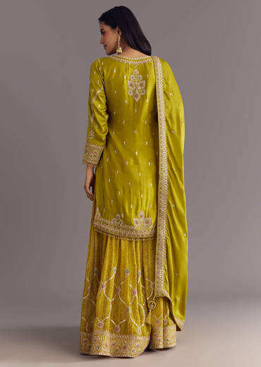 Mehendi Green Bandhani Palazzo Kurta Set With Zari And Mirror Work