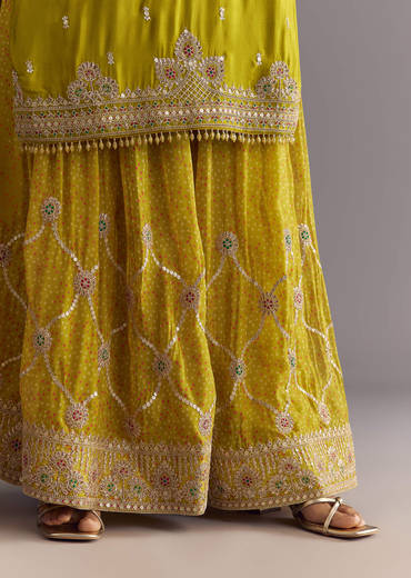 Mehendi Green Bandhani Palazzo Kurta Set With Zari And Mirror Work