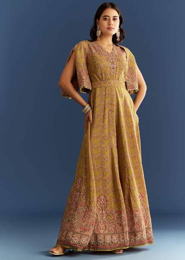 Mehendi Green Crepe Printed Jumpsuit With Mirror Sequins Work Cape And Belt