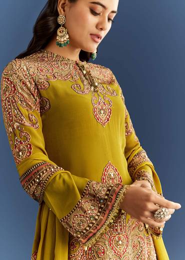 Mehendi Green Crepe Printed Kurta With Printed Sharara And Chinon Dupatta