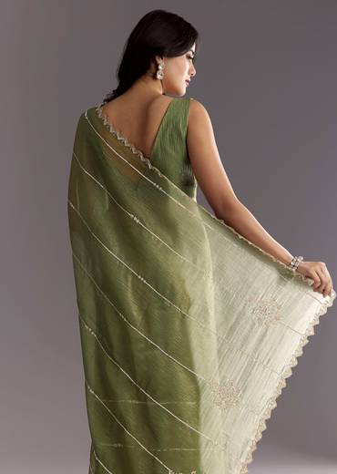 Mehendi Green Crushed Tissue Saree With Embroidered Scallop Border