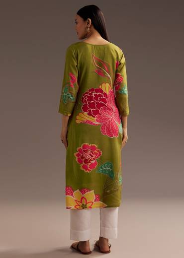 Mehendi Green Floral Print Crepe Kurta With Beads Detailing