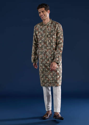 Mehendi Green Foil Work Mens Kurta and Pant Set