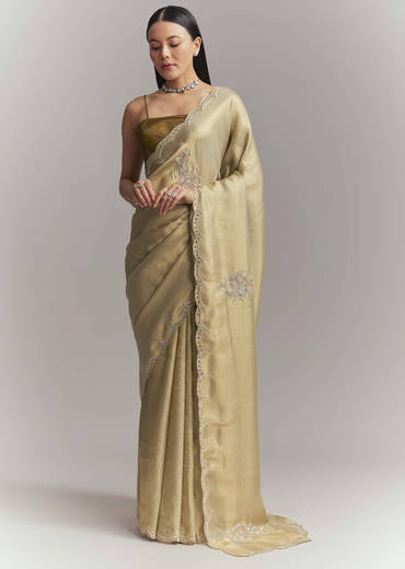 Mehendi Green Jacquard Tissue Embroidered Saree With Heavy Embroidery