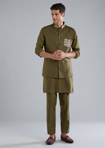 Mehendi Green Kurta Jacket Set With Thread Resham Work