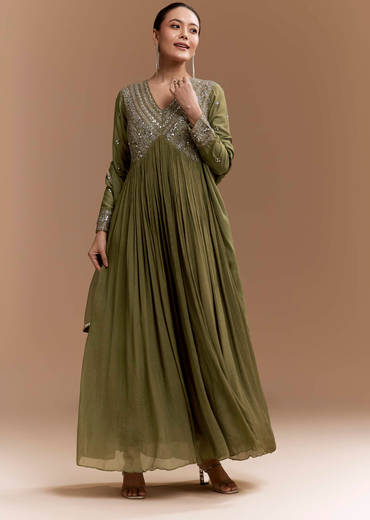 Mehendi Green Mirror Work Anarkali with Dupatta