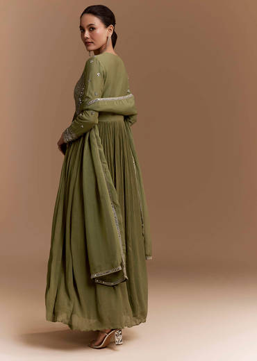 Mehendi Green Mirror Work Anarkali with Dupatta