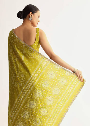 Mehendi Green Patola Printed Georgette Saree With Scallop Border