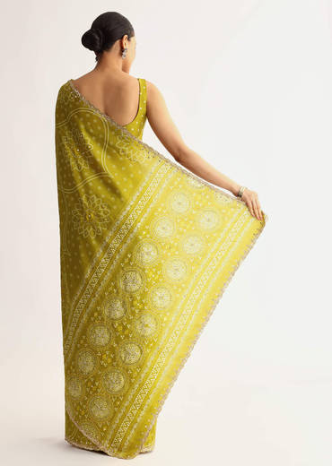 Mehendi Green Patola Printed Georgette Saree With Scallop Border