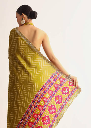 Mehendi Green Patola Printed Satin Saree With Scallop Embroidered Border