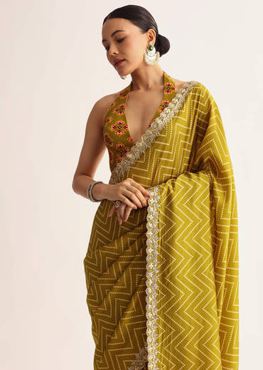 Mehendi Green Patola Printed Satin Saree With Scallop Embroidered Border