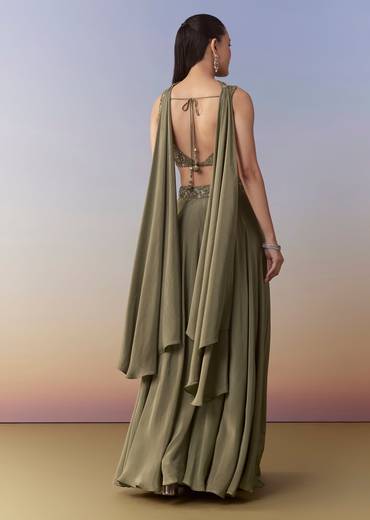 Mehendi Green Sequin Indo Western Crop Top Palazzo Set