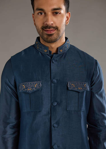 Midnight Blue Chanderi Linen Kurta Jacket Set For Men With Dori Work