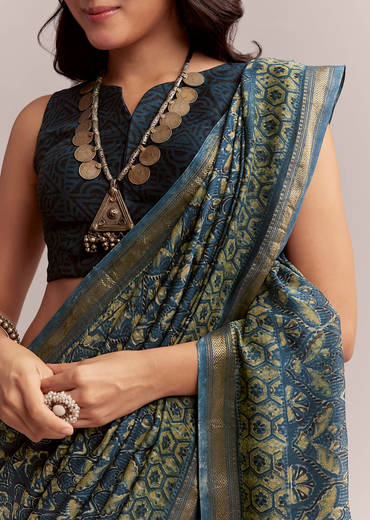 Midnight Blue Linen Printed Saree With Traditional Ajrakh Print