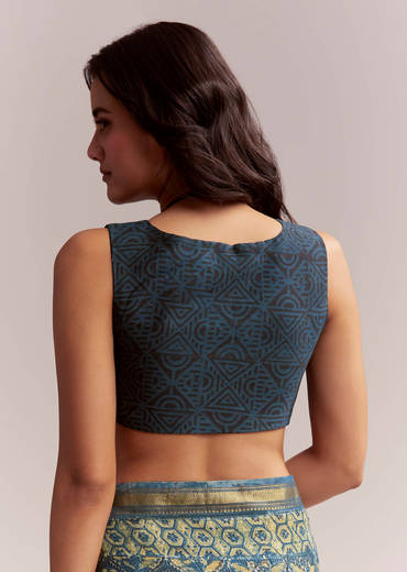 Midnight Blue Linen Printed Saree With Traditional Ajrakh Print