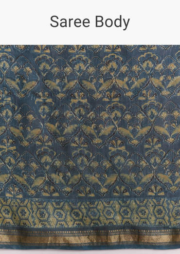 Midnight Blue Linen Printed Saree With Traditional Ajrakh Print