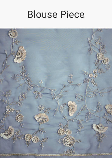 Midnight Blue Tissue Floral Embroidered Saree With Scallop Border