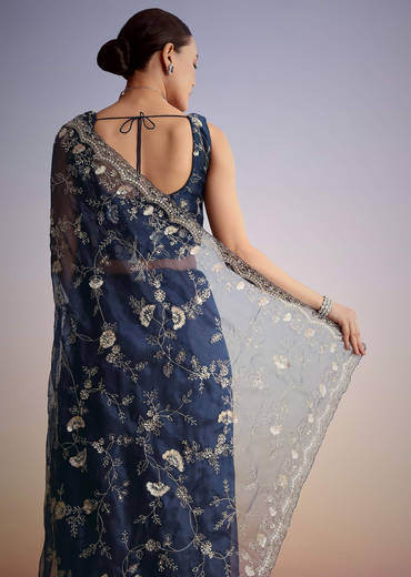 Midnight Blue Tissue Floral Embroidered Saree With Scallop Border