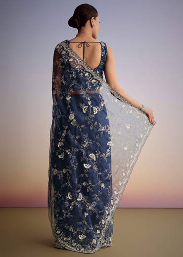 Midnight Blue Tissue Floral Embroidered Saree With Scallop Border