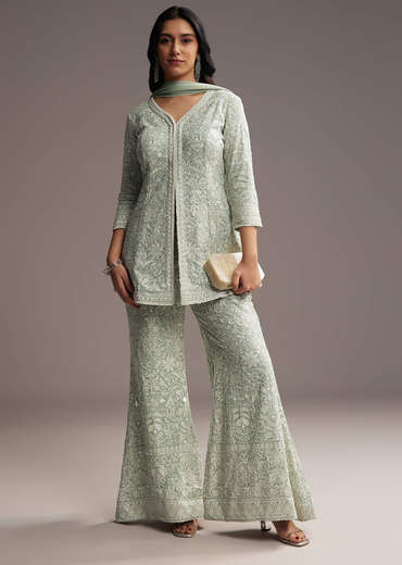 Mint Blue Georgette Palazzo Suit With Sequins And Resham Work