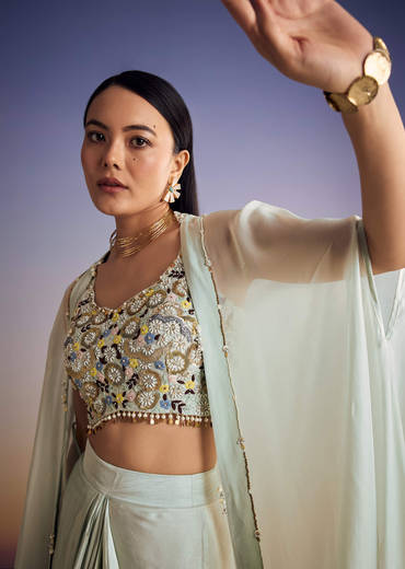 Mint Blue Organza Cape Set With Sequins And Thread Work