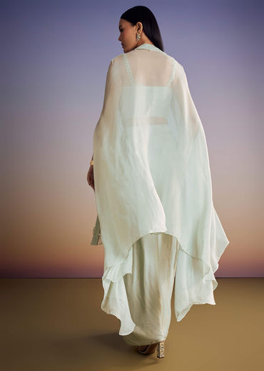 Mint Blue Organza Cape Set With Sequins And Thread Work