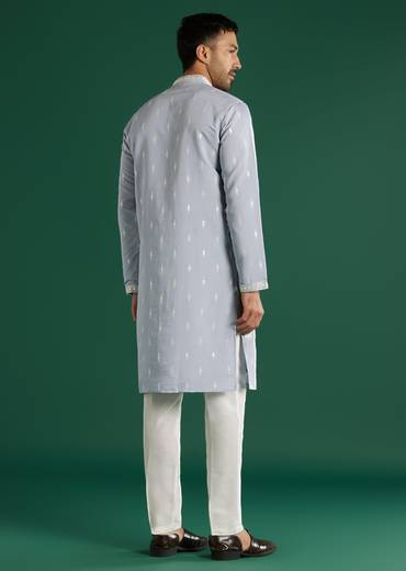 Mint Blue Silk Kurta Set For Men With Resham And Mirror Embroidery