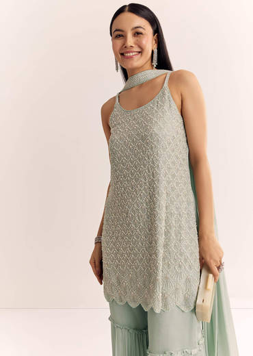Mint Green Chinon Kurta Set With Cutdana Moti And Choker Dupatta