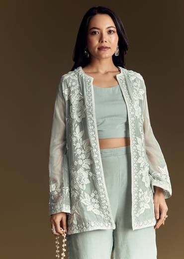 Mint Green Crop Top Set With Embroidered Organza Jacket