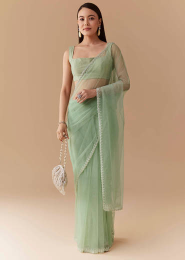 Mint Green Cutwork Embellished Saree with Unstitched Blouse