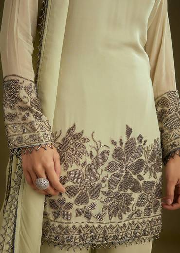 Mint Green Georgette Beads Kurta Set With Tassels Bordered Dupatta