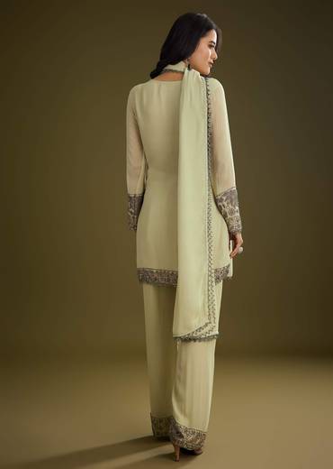 Mint Green Georgette Beads Kurta Set With Tassels Bordered Dupatta