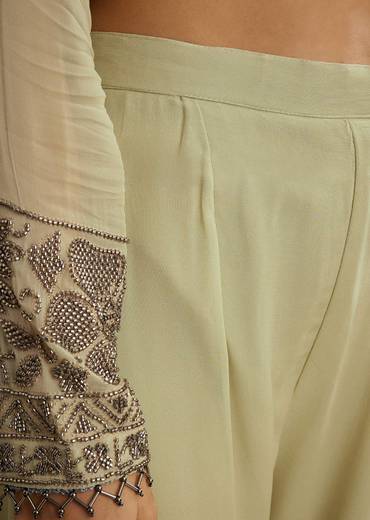 Mint Green Georgette Beads Kurta Set With Tassels Bordered Dupatta