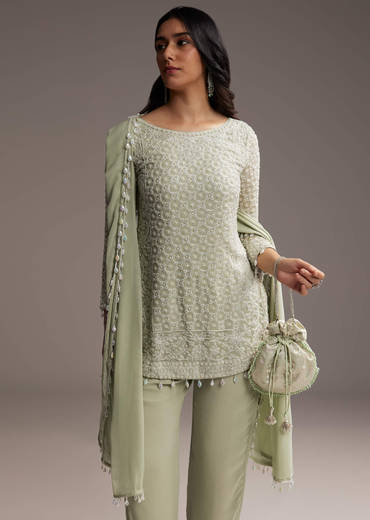 Mint Green Georgette Kurta Set With Beads Work