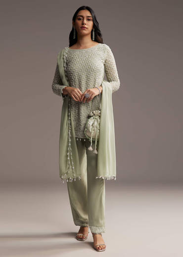 Mint Green Georgette Kurta Set With Beads Work